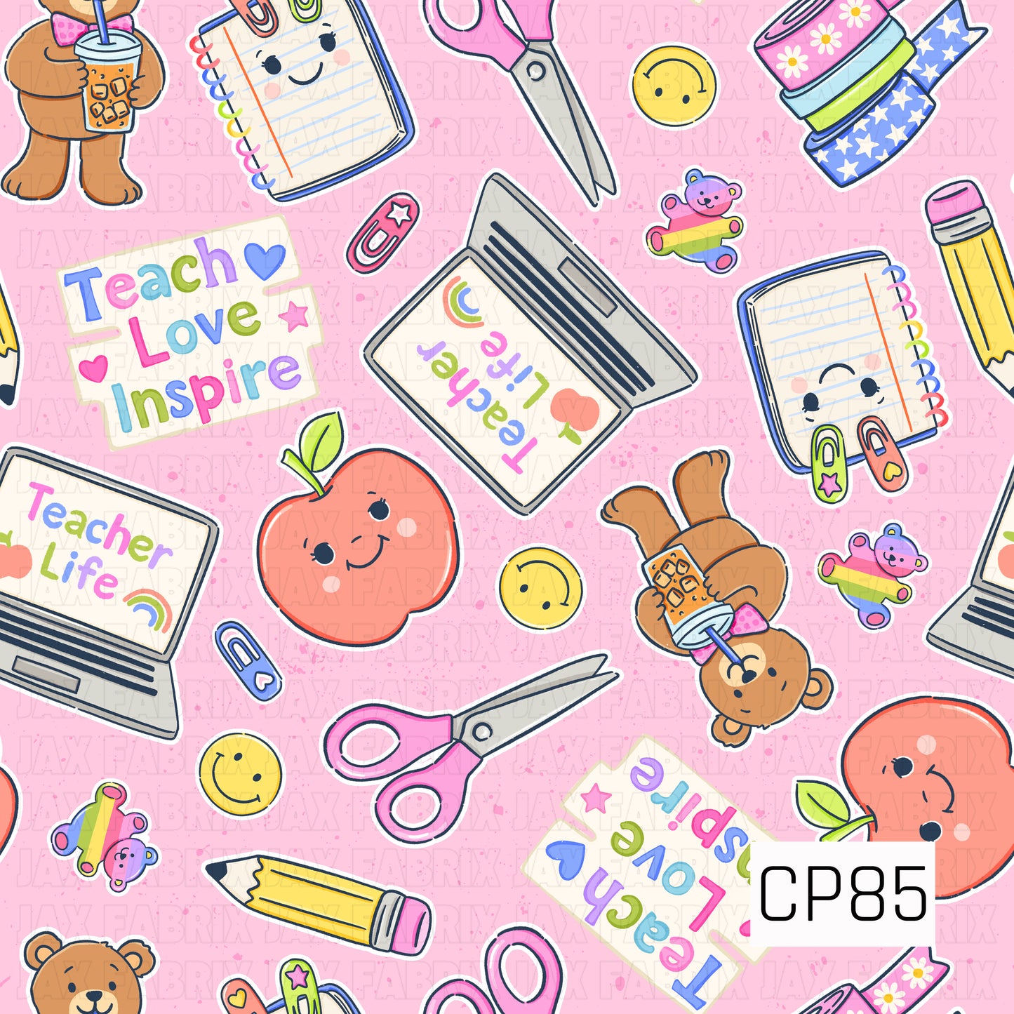 A cheerful teacher-themed pattern featuring smiling notebooks, apples, teddy bears, laptops with colorful teacher messages, scissors, pencils, washi tape, paper clips, and classroom supplies. Set on a light pink background with playful accents, this design celebrates the fun and creativity of teaching.