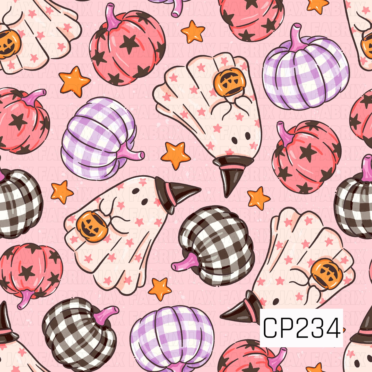 A sweet Halloween seamless pattern featuring smiling ghost characters wearing witch hats and holding tiny jack-o'-lantern buckets, surrounded by pastel pumpkins with gingham, plaid, and star patterns. Set against a soft pink background with scattered stars, this charming design blends cozy Halloween vibes with a playful pastel color palette.
