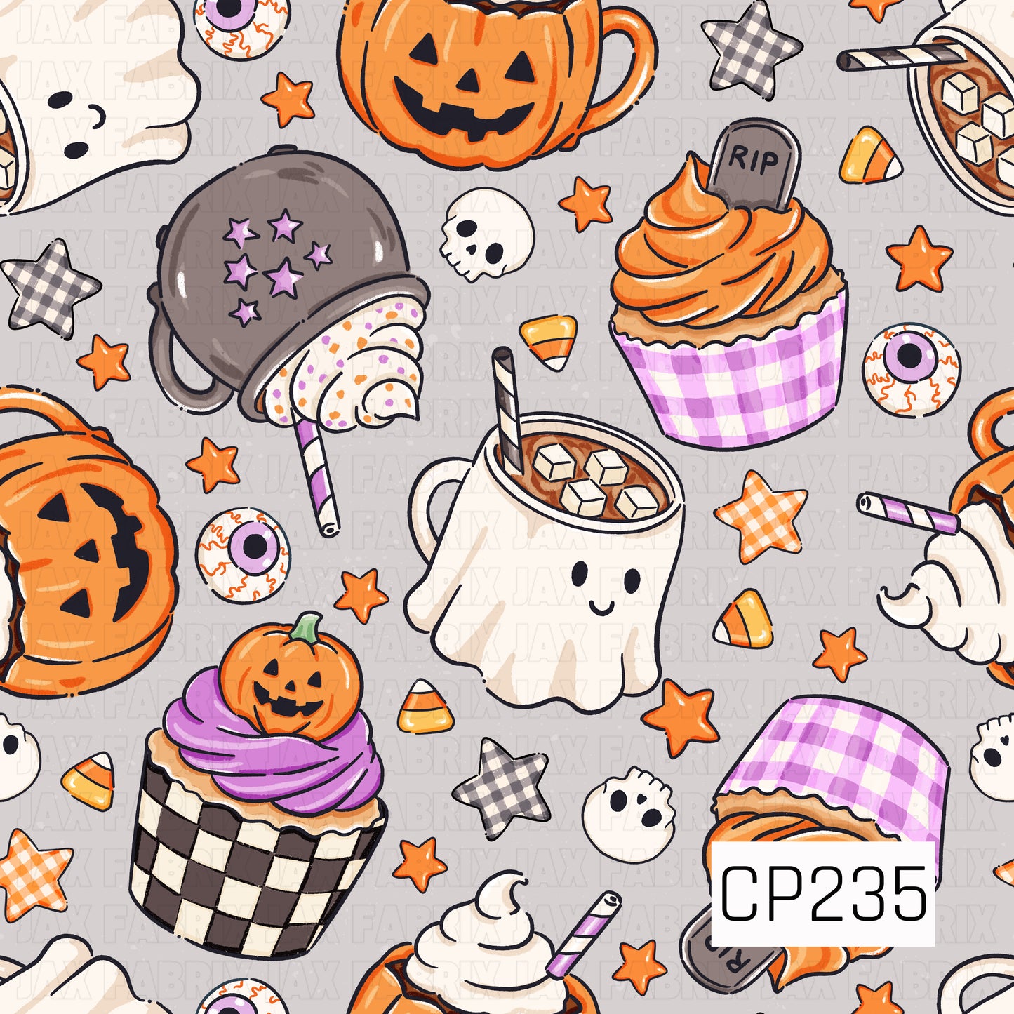 A cozy Halloween seamless pattern featuring smiling ghost mugs filled with hot cocoa, pumpkin mugs topped with whipped cream, festive cupcakes, ghost-shaped cookies, candy corn, eyeball candies, skulls, gingham stars, and playful Halloween sweets. Set against a soft gray background, this charming design combines cute spooky treats with warm autumn colors for a fun and whimsical Halloween aesthetic.