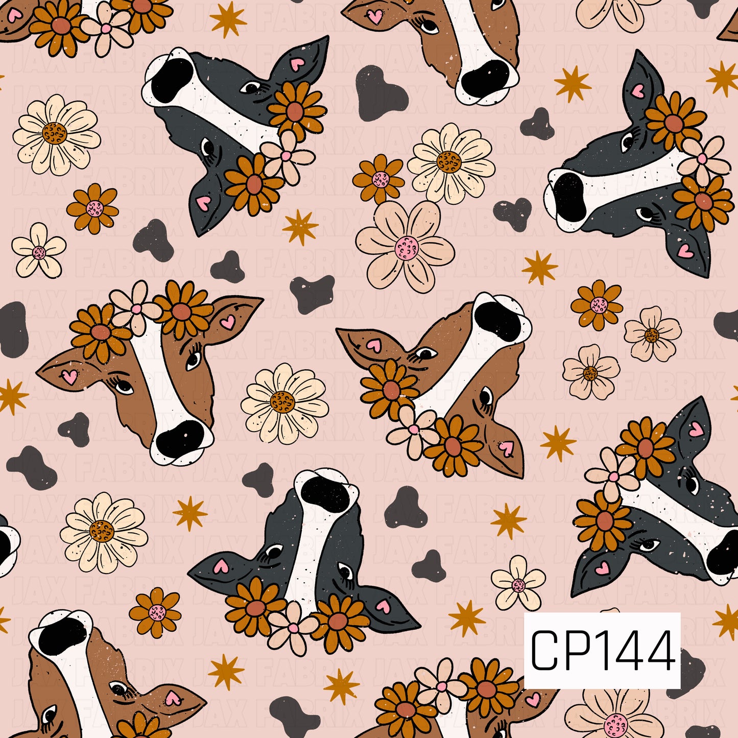 Hand-drawn cow faces in black and brown with flower crowns are scattered across a soft blush background with daisy blooms, tiny hearts, stars, and cow print accents for a sweet western farmhouse design.