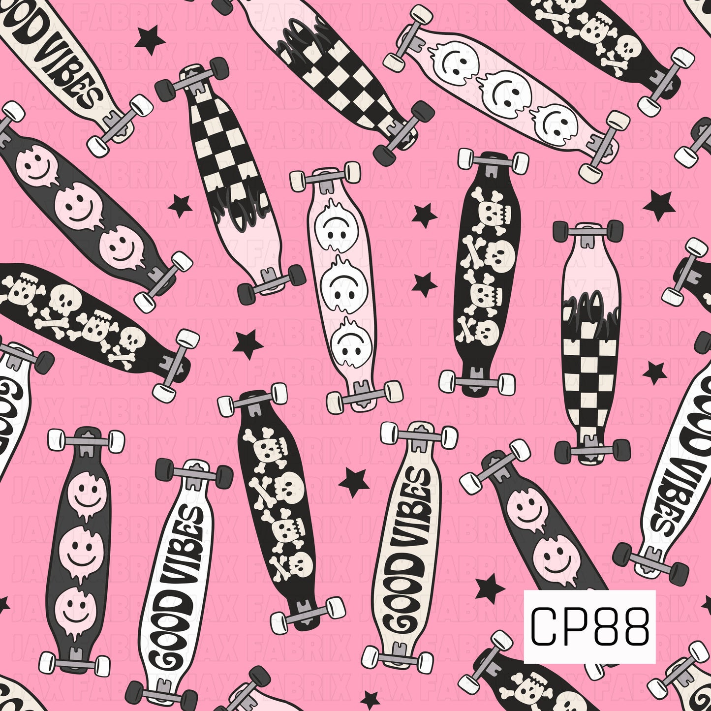 A seamless pattern featuring longboards with checkerboard, smiley face, skull, ghost, and "Good Vibes" designs, scattered with black stars on a bright pink background.