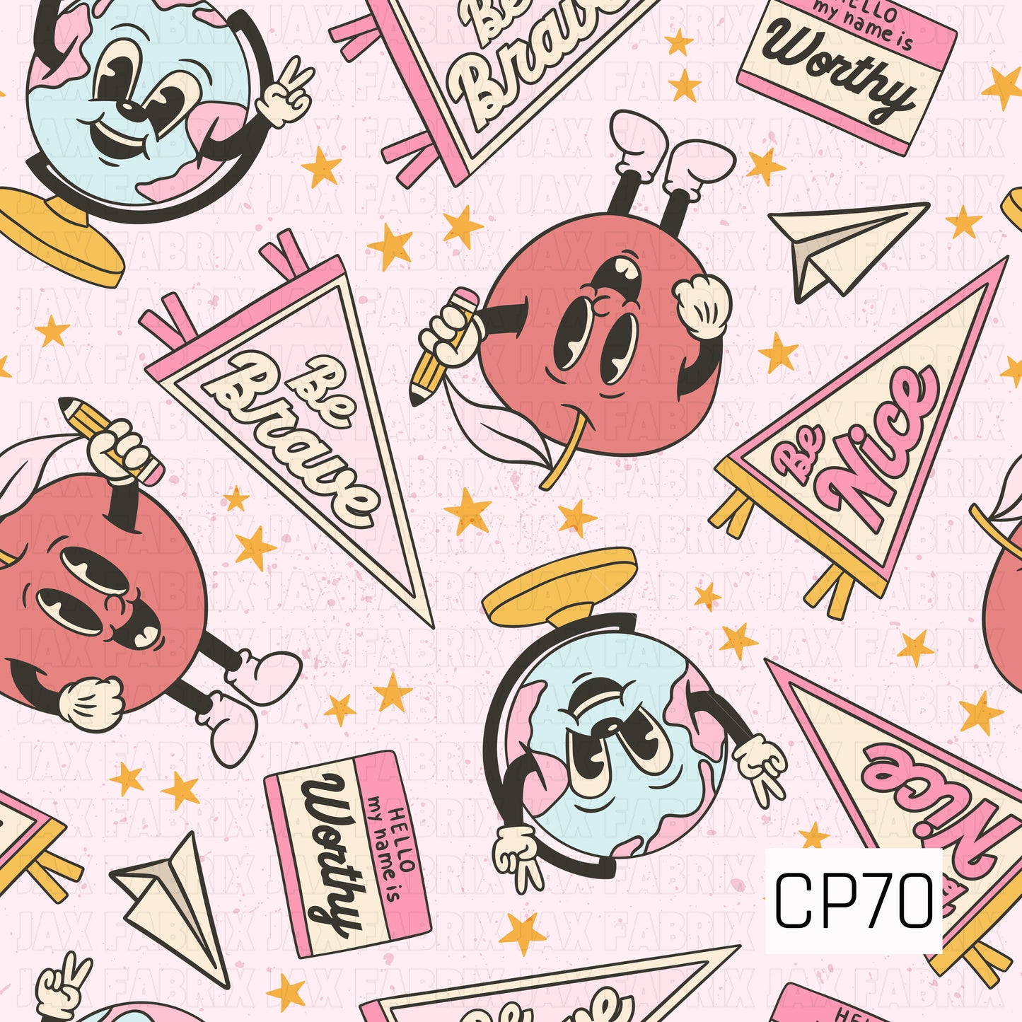 Retro school-themed pattern featuring smiling globe and apple characters, paper airplanes, stars, pennant flags with "Be Brave" and "Be Nice," and "Hello, my name is Worthy" name tags on a soft pink background