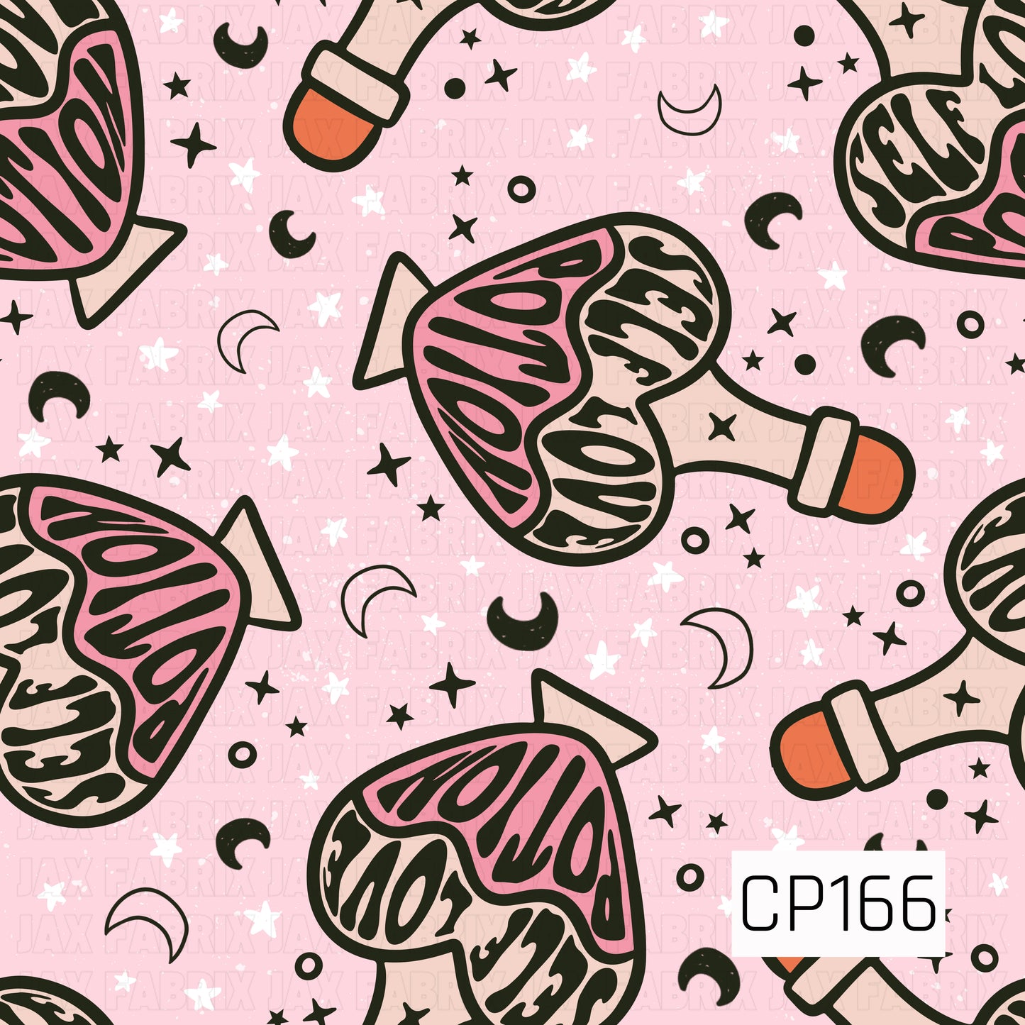 A whimsical seamless pattern featuring stylized pink and black mushrooms with orange stems scattered across a light pink speckled background. Small black and white stars, crescent moons, and tiny dots fill the space, creating a playful celestial design with a retro-inspired color palette of pink, black, cream, and orange.