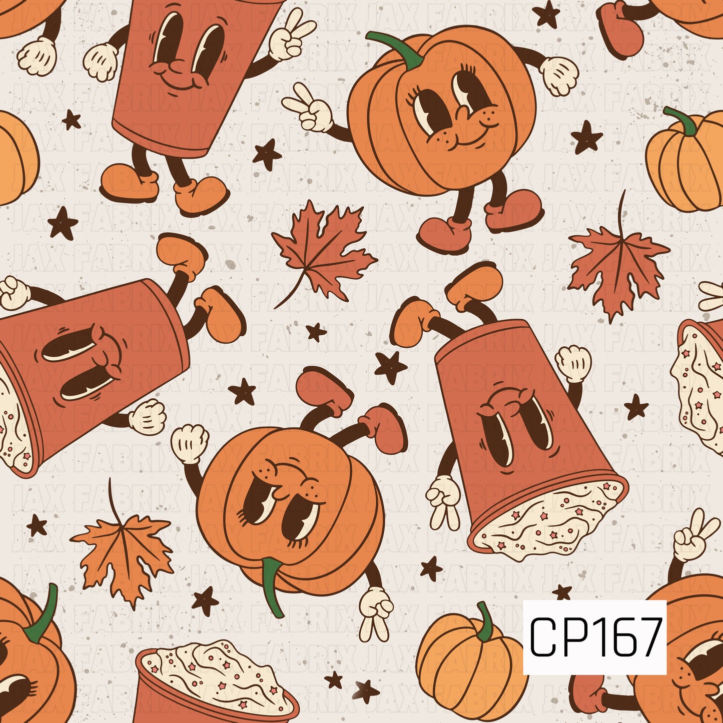 A cheerful retro fall pattern featuring smiling pumpkins and coffee cups with vintage cartoon faces, paired with autumn leaves, stars, and mini pumpkins on a lightly speckled cream background. Warm orange, brown, and cream tones make it perfect for cozy fall and Halloween-inspired projects.