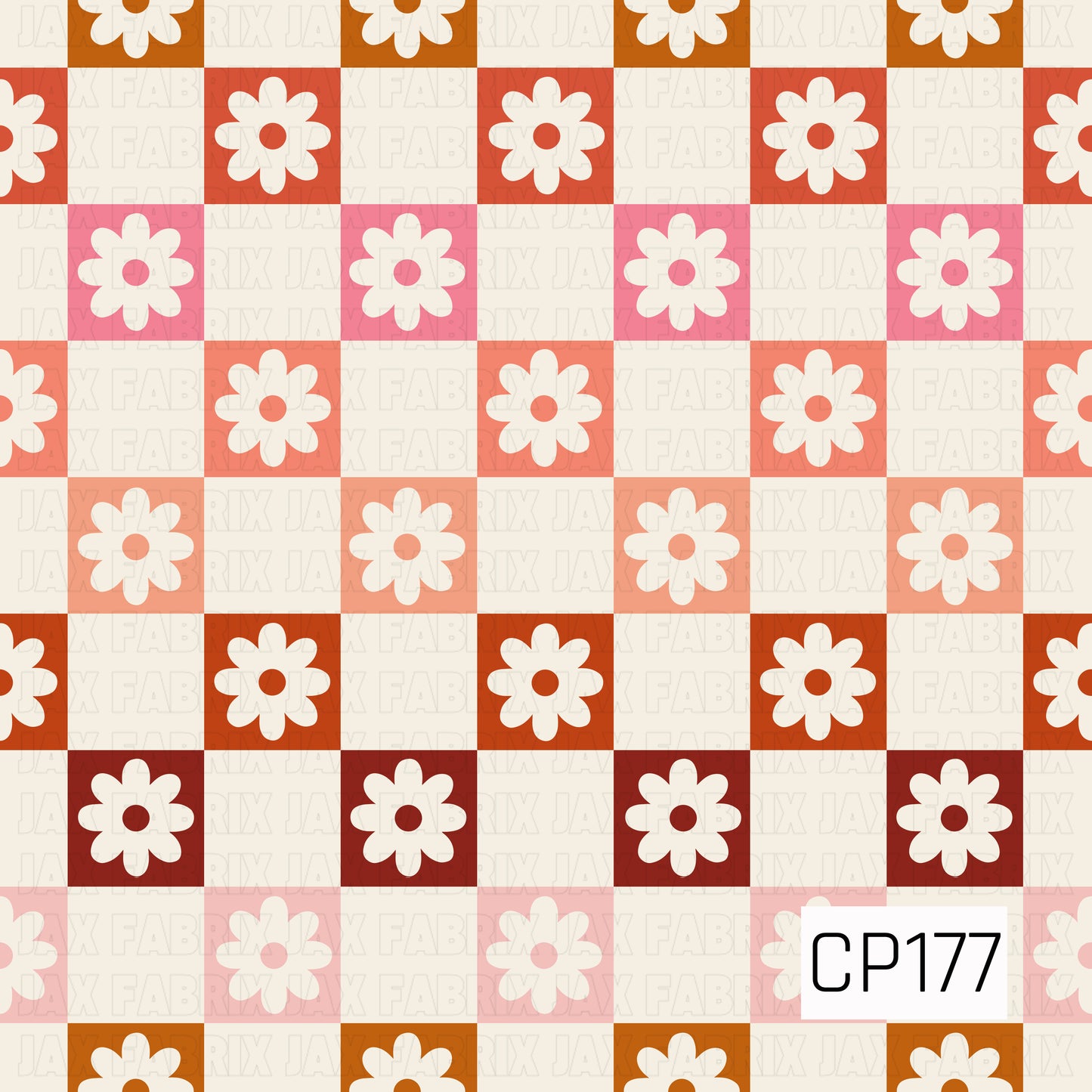 A retro checkerboard design featuring white daisy blooms arranged in alternating cream and colorful squares. Shades of mustard, rust, coral, blush, pink, and deep burgundy create a playful vintage-inspired floral pattern with a warm, cheerful feel.