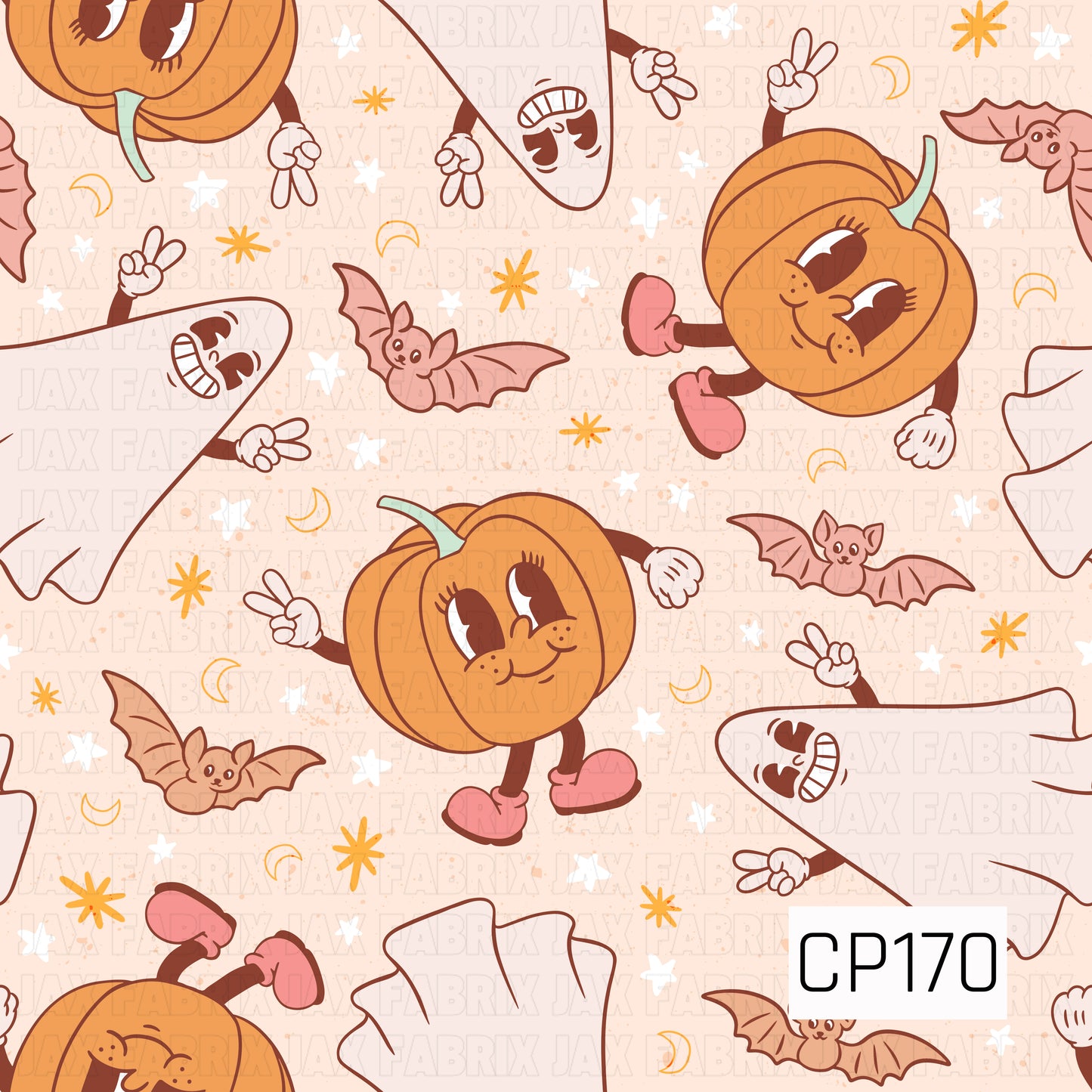 A playful retro Halloween pattern featuring smiling pumpkins, friendly ghosts flashing peace signs, cute bats, stars, and crescent moons on a soft cream background. Warm orange, blush pink, and brown tones give this design a sweet vintage Halloween feel.