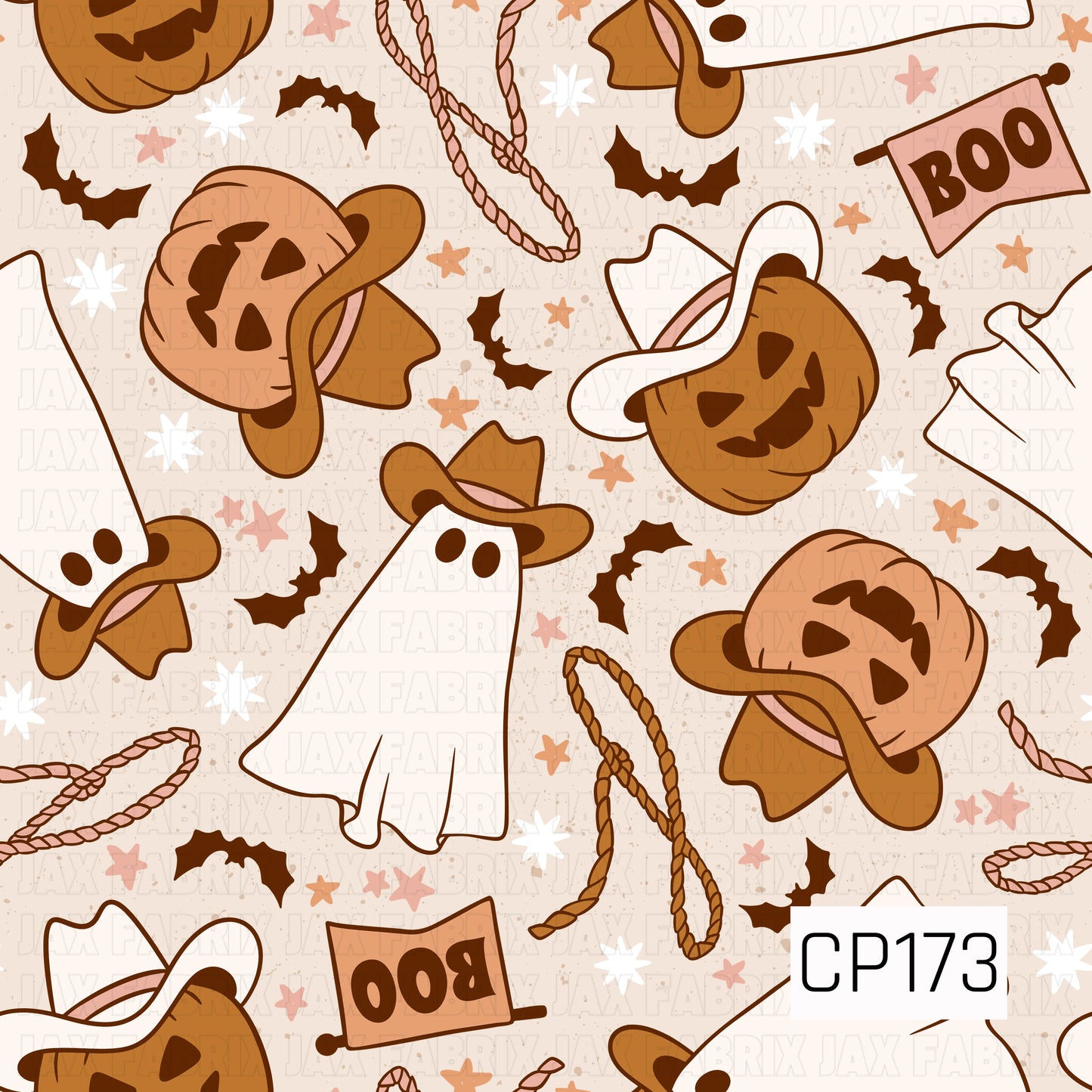 A playful Halloween design featuring friendly ghosts wearing cowboy hats, smiling jack-o'-lanterns in western hats, flying bats, rope lassos, "BOO" signs, and scattered stars on a lightly speckled cream background. Warm shades of brown, peach, blush, and cream create a cute western Halloween theme with a vintage feel.