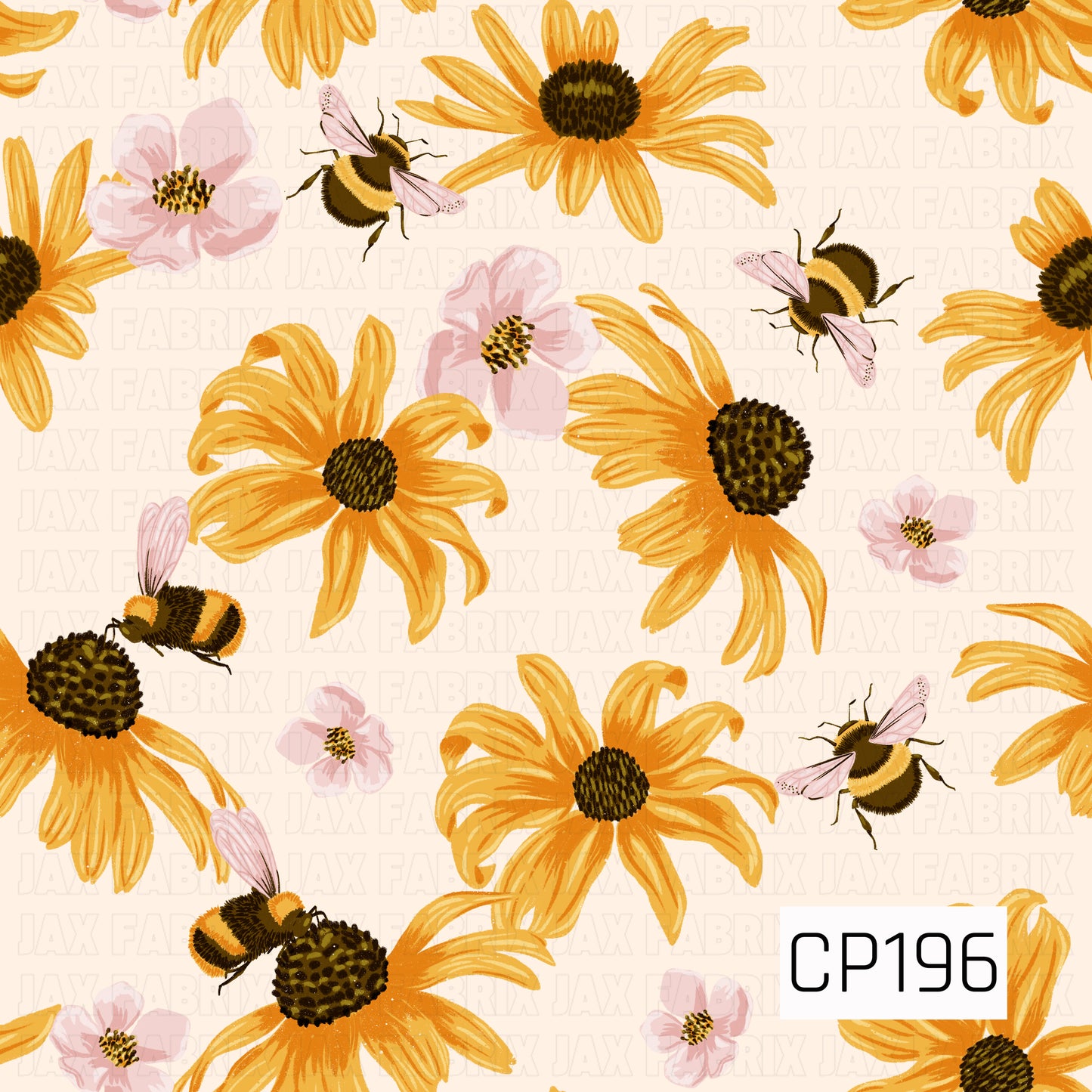 A seamless watercolor floral pattern featuring bright golden black-eyed Susan flowers, delicate blush pink blossoms, and fluffy bumblebees on a soft cream background. The design blends detailed botanical illustrations with buzzing pollinators for a warm, nature-inspired print full of late summer charm.