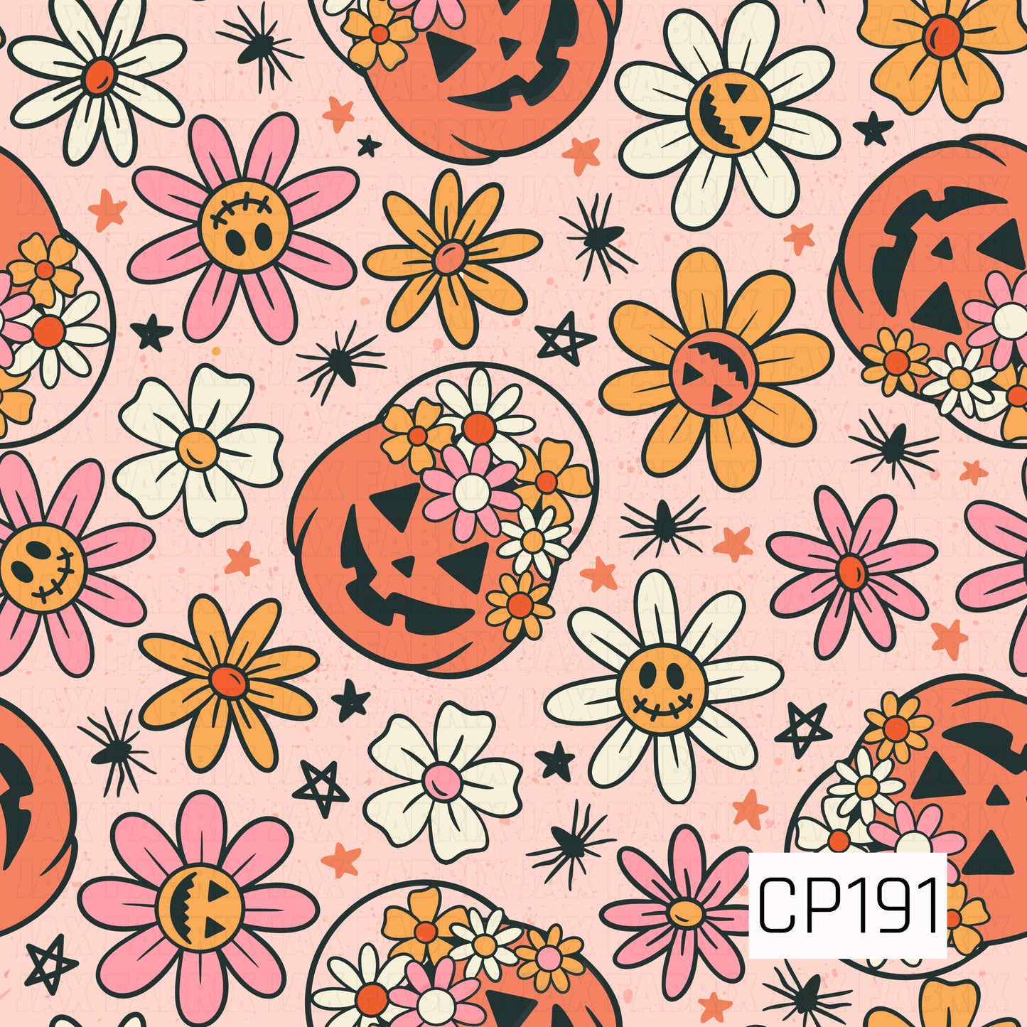 A seamless Halloween pattern featuring cheerful jack-o'-lanterns decorated with colorful flower clusters, whimsical daisies with pumpkin and stitched smiley centers, tiny black spiders, stars, and scattered sparkles. Set against a soft blush pink background, the design combines orange, pink, cream, black, and golden yellow tones for a playful retro Halloween look.