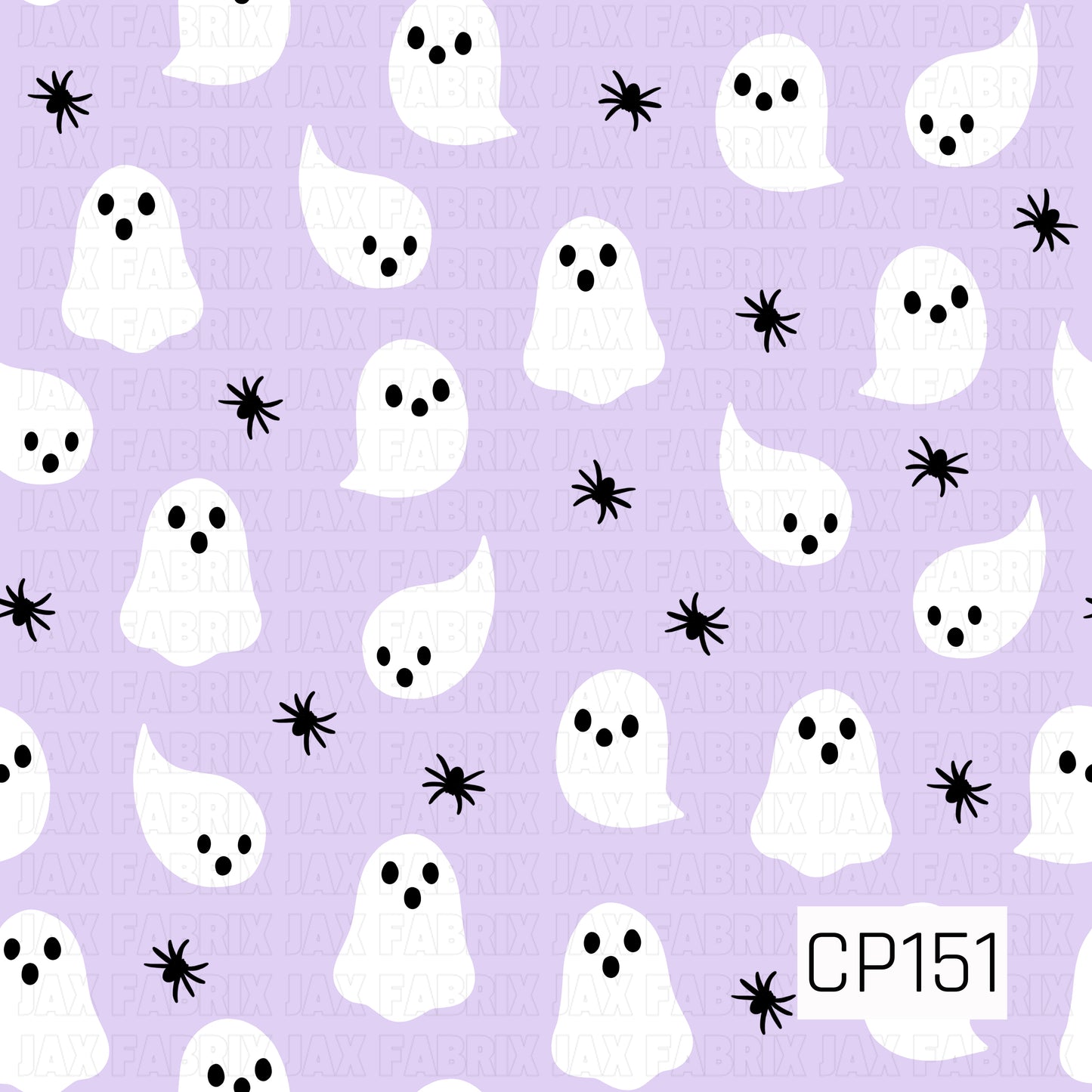A playful Halloween coordinate featuring white ghosts with expressive faces and scattered black spiders on a soft lavender background. The simple color palette of lavender, white, and black creates a cute, whimsical spooky design.