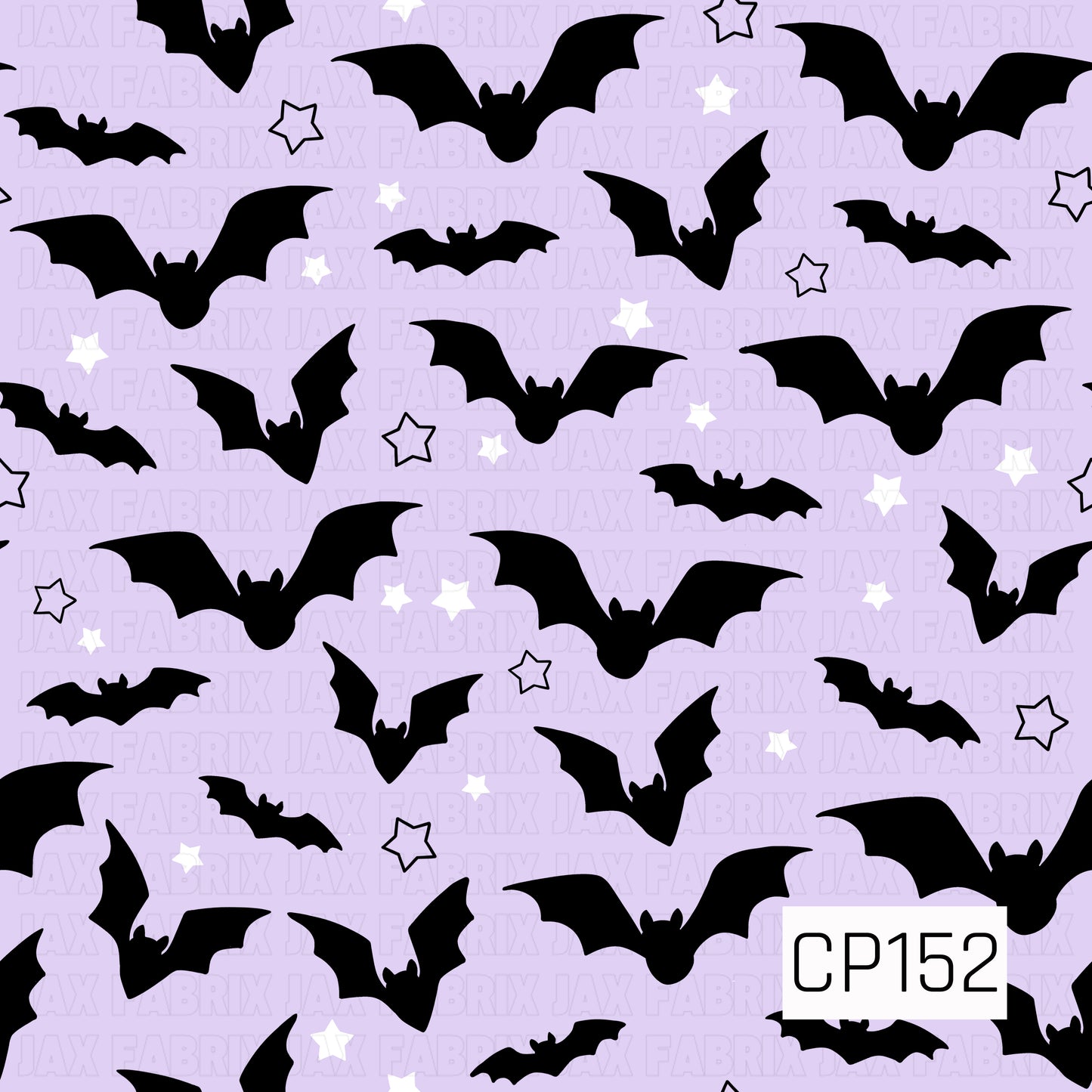 A playful Halloween coordinate featuring black flying bats scattered across a soft lavender background with white stars and outlined lavender stars. The simple lavender, black, and white color palette creates a fun and whimsical spooky design.