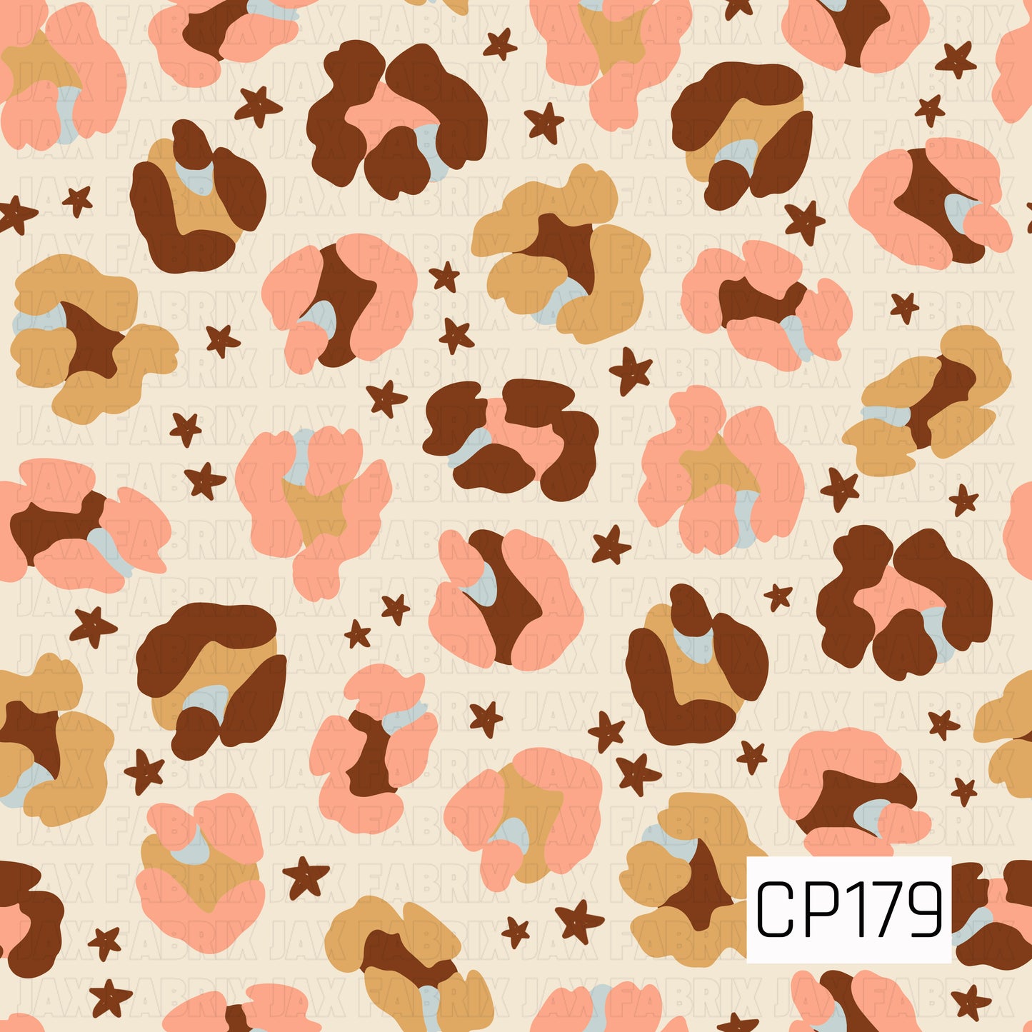 A playful animal print featuring abstract leopard spots in shades of blush pink, camel, chocolate brown, and soft blue, scattered across a warm cream background with tiny brown stars. The muted color palette gives this classic print a fun, modern twist with a cozy vintage feel.