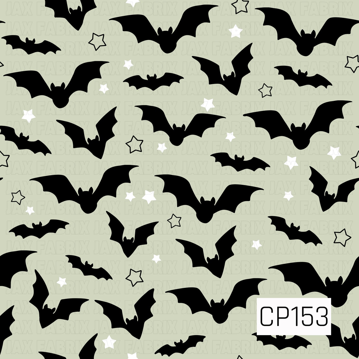 A playful Halloween coordinate featuring black flying bats scattered across a soft sage green background with white stars and outlined sage stars. The simple sage, black, and white color palette creates a fun and whimsical spooky design.