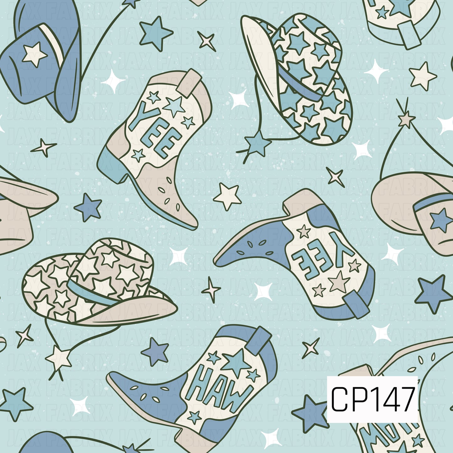 Blue and cream western boots, cowboy hats, and star-patterned hats are scattered across a light blue background with twinkling stars and whimsical accents, creating a fun western-inspired design with a classic cowboy feel.