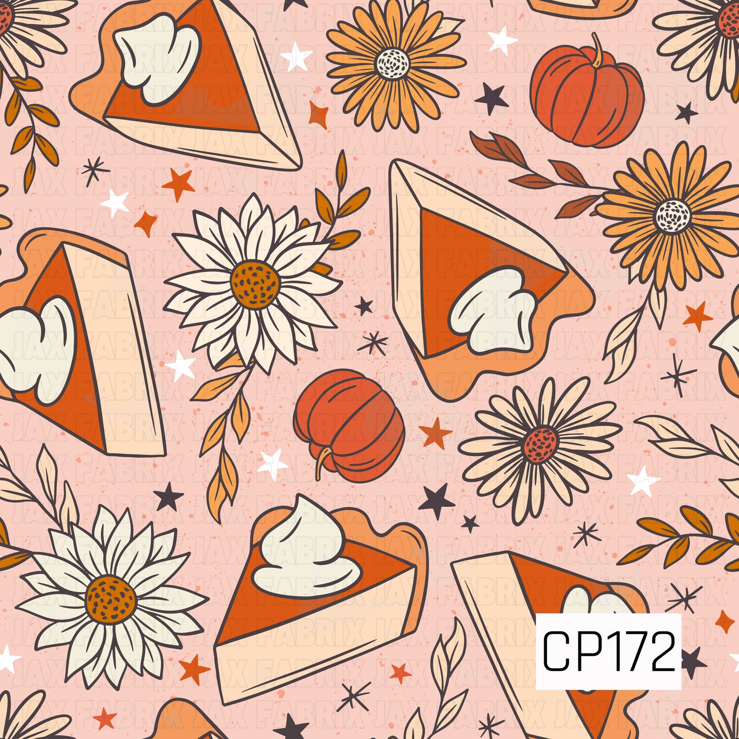A sweet fall design featuring pumpkin pie slices with whipped cream, blooming daisies, pumpkins, scattered leaves, and tiny stars on a soft blush background. Warm shades of orange, cream, mustard, and brown create a cozy autumn look with a cheerful vintage feel.