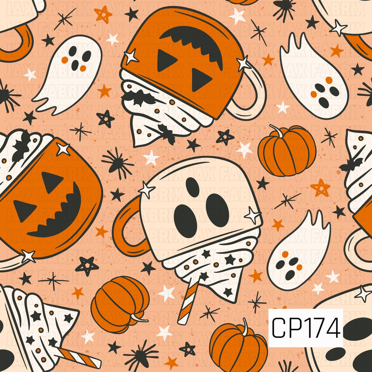 A playful Halloween design featuring ghost and jack-o'-lantern shaped mugs wrapped in cozy scarves, surrounded by smiling ghosts, pumpkins, stars, and spooky sparkles on a peach background. The orange, black, white, and cream color palette creates a fun and festive Halloween look with a cute, whimsical style.