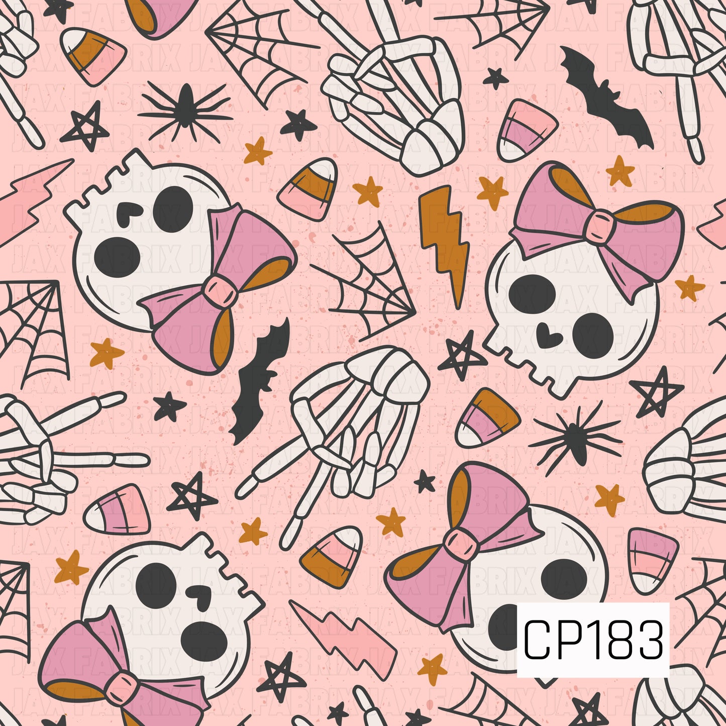 Playful Halloween pattern featuring skulls adorned with oversized pink bows, skeleton hand signs, candy corn, spider webs, bats, lightning bolts, stars, and spiders scattered across a soft pink background. The bold outlines and cute spooky color palette create a fun, girly Halloween design.