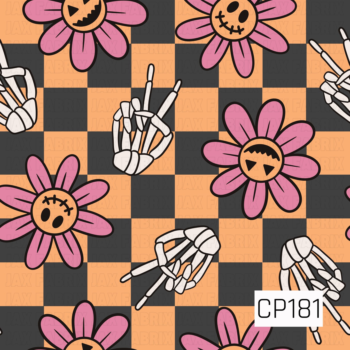 Retro Halloween pattern featuring pink spooky flowers with jack-o'-lantern and stitched faces, skeleton hand gestures, and a bold black-and-orange checkerboard background. The playful design combines vintage Halloween charm with a fun, whimsical aesthetic.