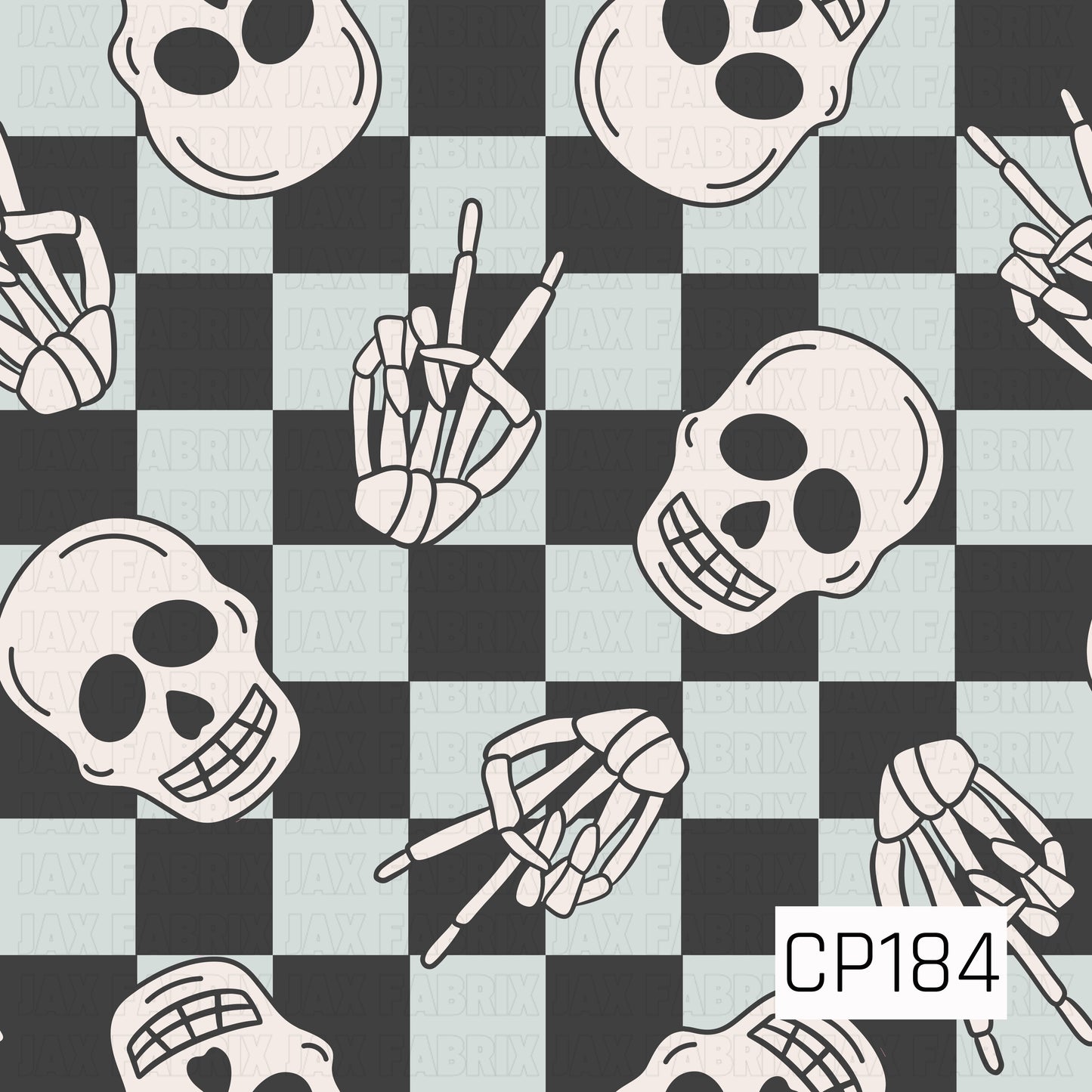 Playful Halloween pattern featuring smiling skulls and skeleton hand signs scattered across a bold black and pale blue checkerboard background. The simple black-and-white illustrations create a fun retro spooky design with a clean, modern color palette.