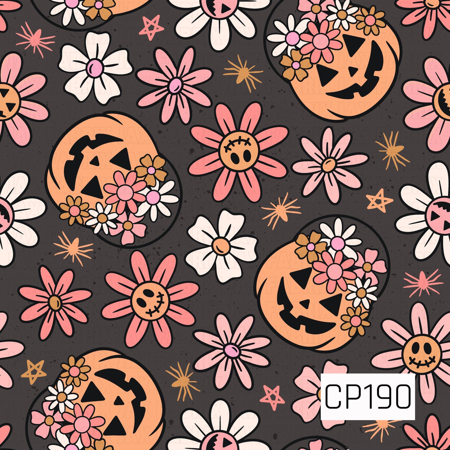 A seamless Halloween pattern featuring smiling jack-o'-lanterns adorned with clusters of pink, white, and golden flowers, surrounded by playful daisy blooms with stitched and pumpkin-inspired centers. Tiny stars and spark accents are scattered across a charcoal gray background, creating a whimsical floral Halloween design with a retro color palette.