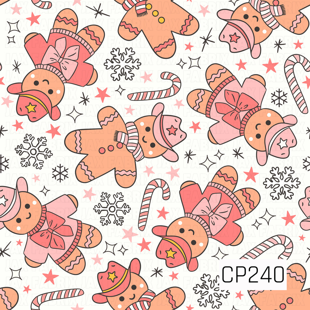 A playful pink western Christmas design featuring adorable gingerbread cowgirls dressed in cowboy hats, cozy scarves, and oversized bows. Candy canes, snowflakes, stars, and sparkles are scattered throughout the white background, with shades of pink, coral, gingerbread brown, and pops of yellow for a sweet girly holiday feel.