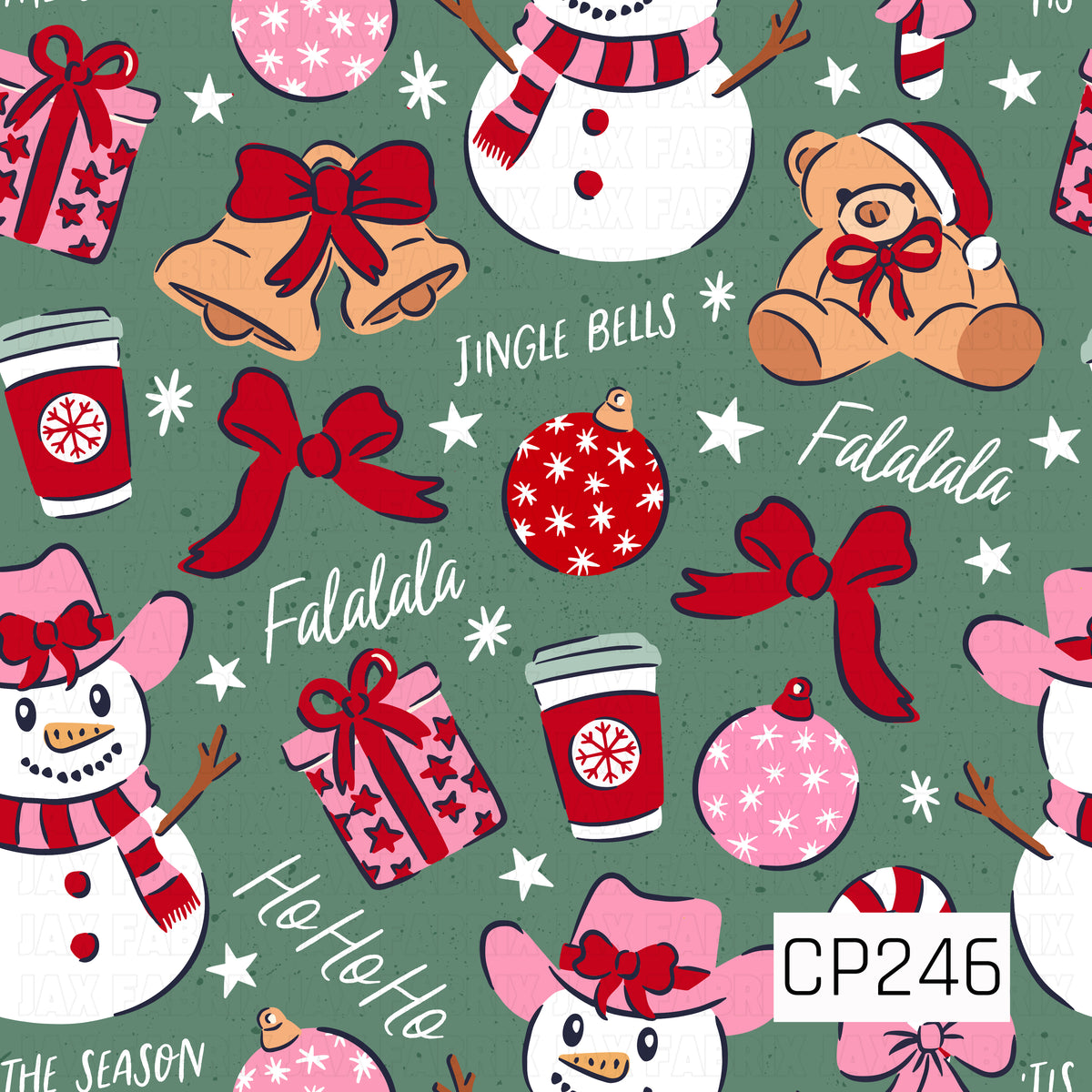 A playful Christmas design featuring snowmen, teddy bears, jingle bells, bows, ornaments, presents, and festive coffee cups. Bright red and pink accents pop against a muted sage green background, with white stars and fun holiday phrases like “Jingle Bells,” “Falalala,” and “Ho Ho Ho” scattered throughout.