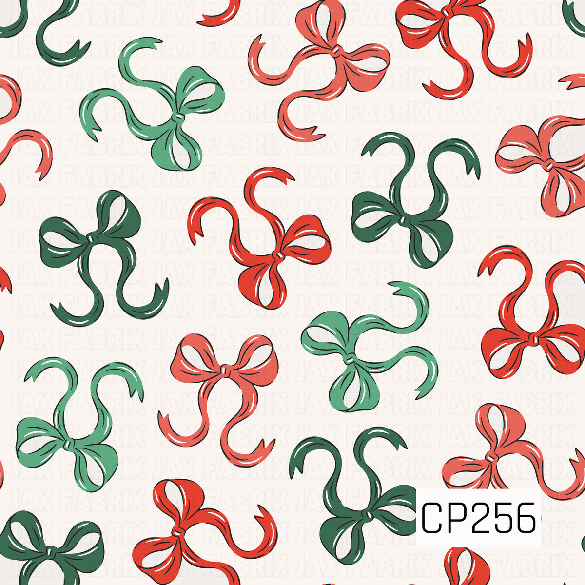 A whimsical bow pattern featuring loose, flowing ribbons in classic Christmas shades of red, coral, emerald, and soft green. The hand-drawn style and oversized bows create a playful, vintage-inspired look against a warm cream background.