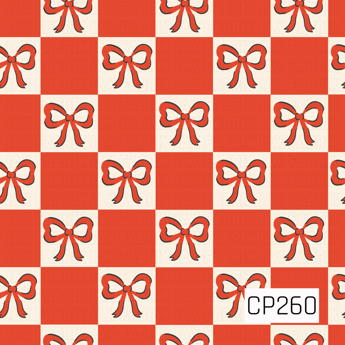 A festive checkerboard pattern featuring hand-drawn red bows centered throughout alternating warm cream and bright red squares. The flowing ribbon tails and slightly sketched outlines give the design a playful vintage feel, while the bold red and cream palette keeps it classic and cheerful for the holiday season.