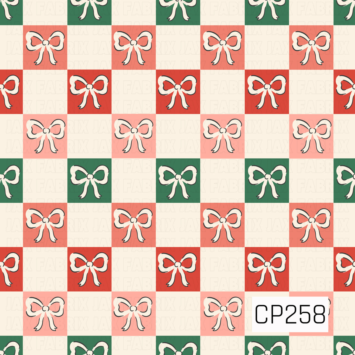 A whimsical holiday checkerboard pattern featuring delicate hand-drawn bows scattered throughout alternating blocks of creamy ivory, festive red, soft coral pink, and rich evergreen. Each bow has flowing ribbon tails and a slightly imperfect sketched outline, giving the design a charming vintage, handmade feel. The mix of classic Christmas colors with playful pink creates a sweet, feminine twist on traditional holiday style.