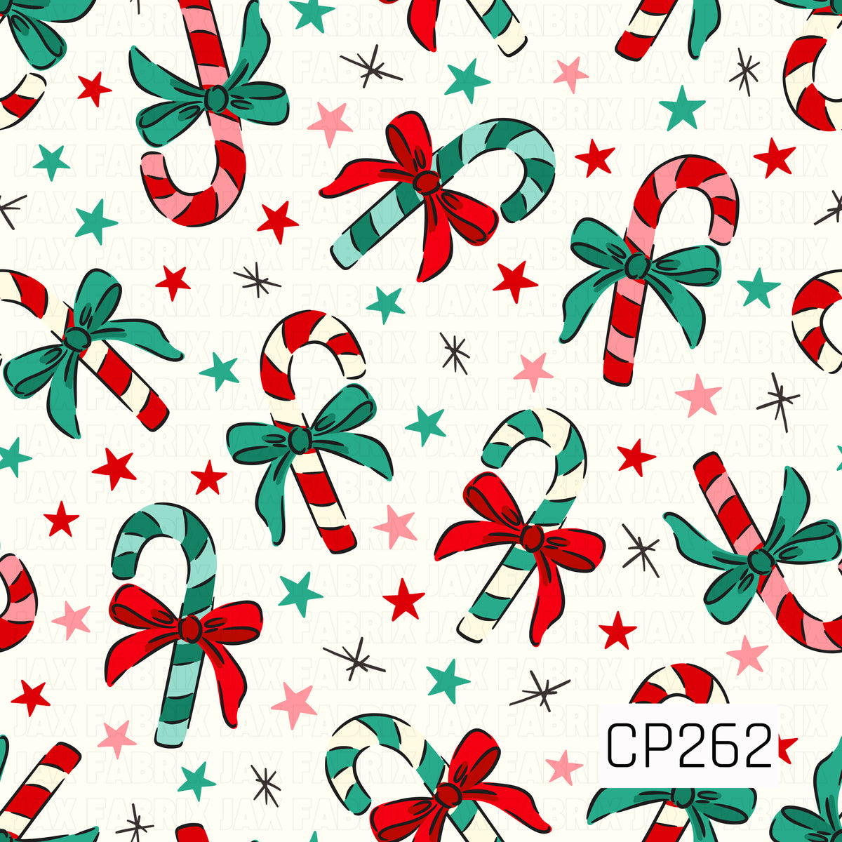 A playful candy cane pattern featuring hand-drawn striped canes decorated with oversized bows in festive shades of red, pink, teal, and green. Scattered stars and sketchy starbursts fill the creamy background, giving the design a fun, whimsical retro Christmas feel.