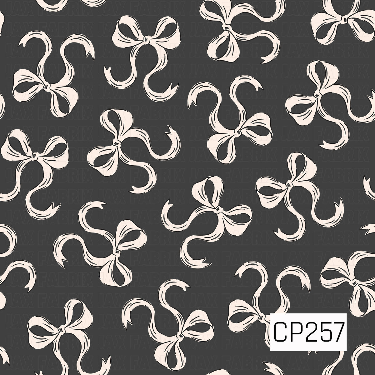 A simple hand-drawn bow pattern featuring flowing cream ribbons scattered across a deep charcoal background. The loose, sketchy lines give the bows a whimsical vintage feel with a classic neutral color palette.