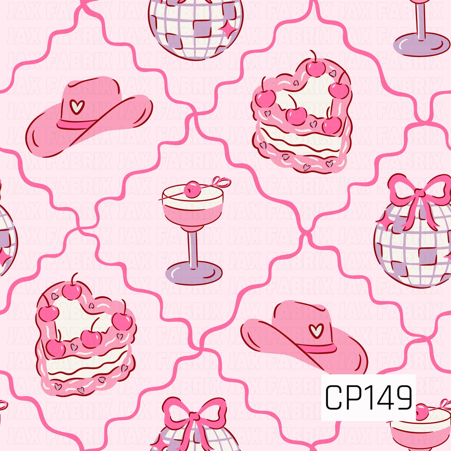 Pink cowboy hats, heart-shaped cherry cakes, disco balls with bows, and cherry-topped cocktails are scattered across a soft pink background with a wavy lattice pattern, creating a sweet western-inspired design with playful retro charm.