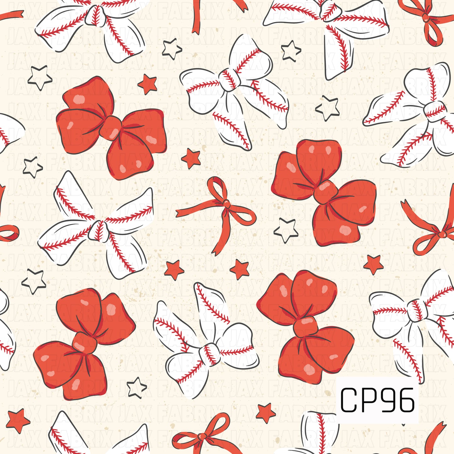 A seamless pattern featuring classic red hair bows paired with white bows made from baseball-stitched ribbon, accented by small red ribbon bows and scattered red and outlined stars. Set on a soft cream speckled background, this sporty design combines baseball charm with a sweet bow-inspired style.