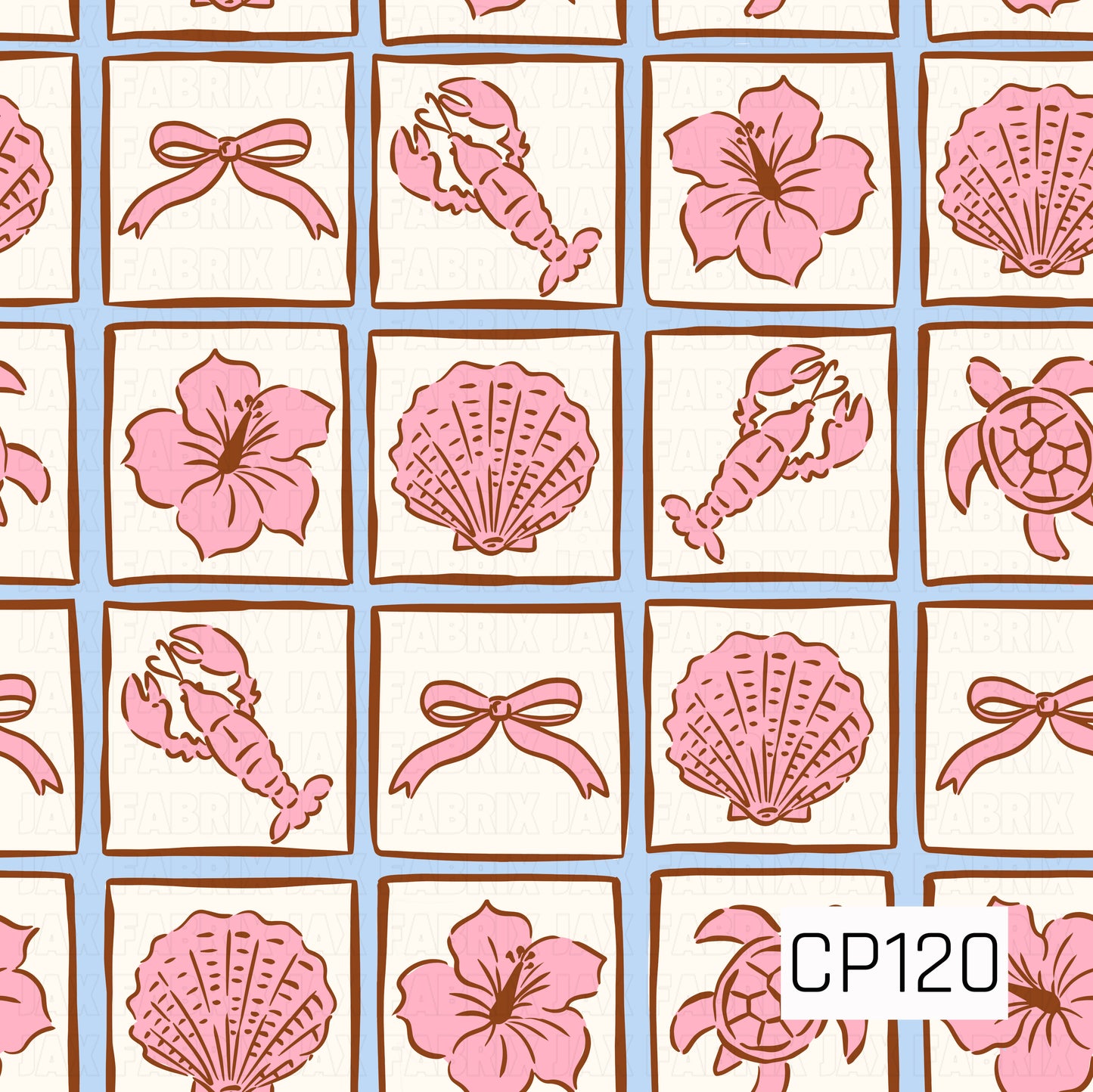 This seamless pattern features a tiled layout of coastal-inspired illustrations inside cream-colored square frames with warm brown borders set against a soft sky blue background. Pink seashells, hibiscus flowers, bows, lobsters, and sea turtles repeat throughout the design, creating a charming seaside aesthetic with a playful, vintage-inspired color palette.