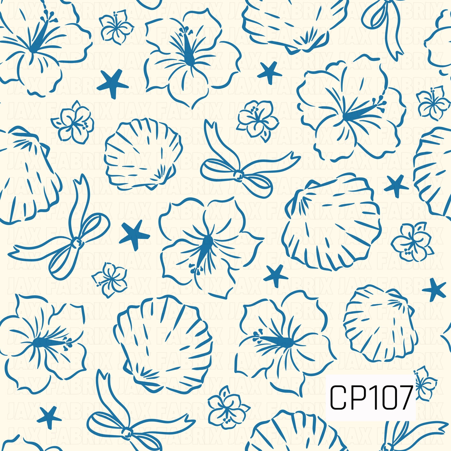 A coastal-inspired pattern featuring blue line art hibiscus flowers, tropical leaves, seashells, delicate blossoms, ribbon bows, and scattered starfish on a soft cream background. The simple monochromatic design has a breezy island aesthetic with clean botanical illustrations.