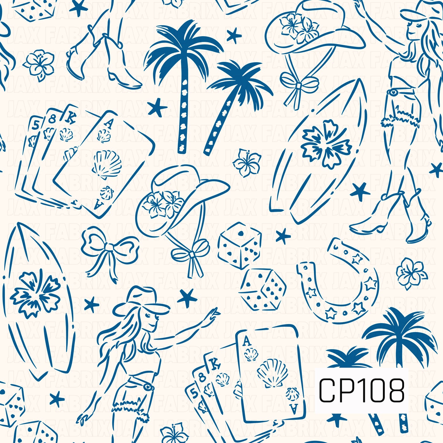 A coastal western line art pattern featuring cowgirl silhouettes, palm trees, surfboards, cowboy hats, lucky horseshoes, dice, playing cards, seashells, tropical flowers, ribbon bows, and scattered stars. The monochromatic blue-on-cream design blends beach and western elements into a clean, illustrated aesthetic.