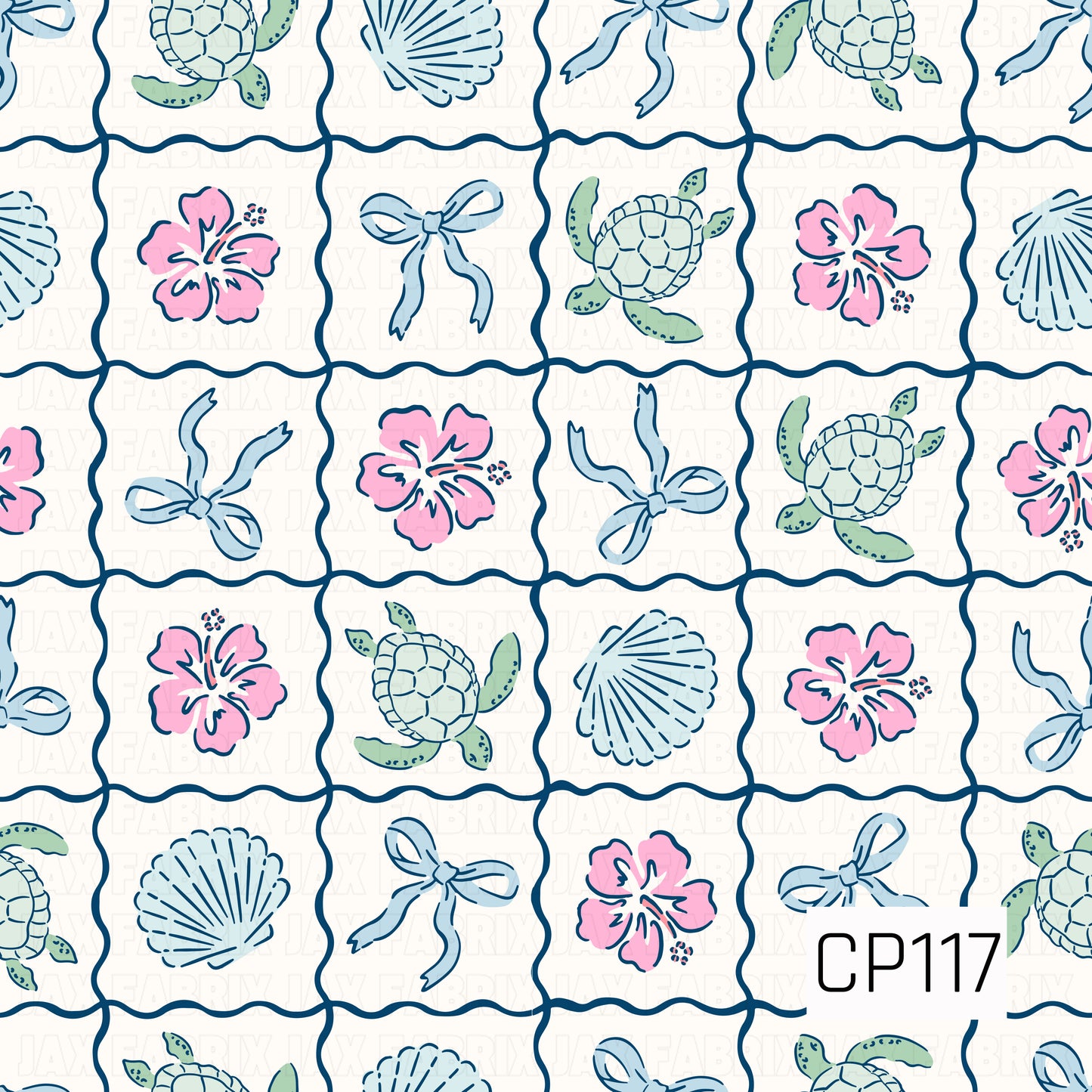 A seamless patchwork pattern featuring sea turtles, hibiscus flowers, seashells, and ribbon bows arranged in wavy navy blue grid squares on a warm cream background. The design uses soft shades of powder blue, seafoam green, blush pink, and navy, creating a charming coastal pattern with a sweet, beach-inspired feel.