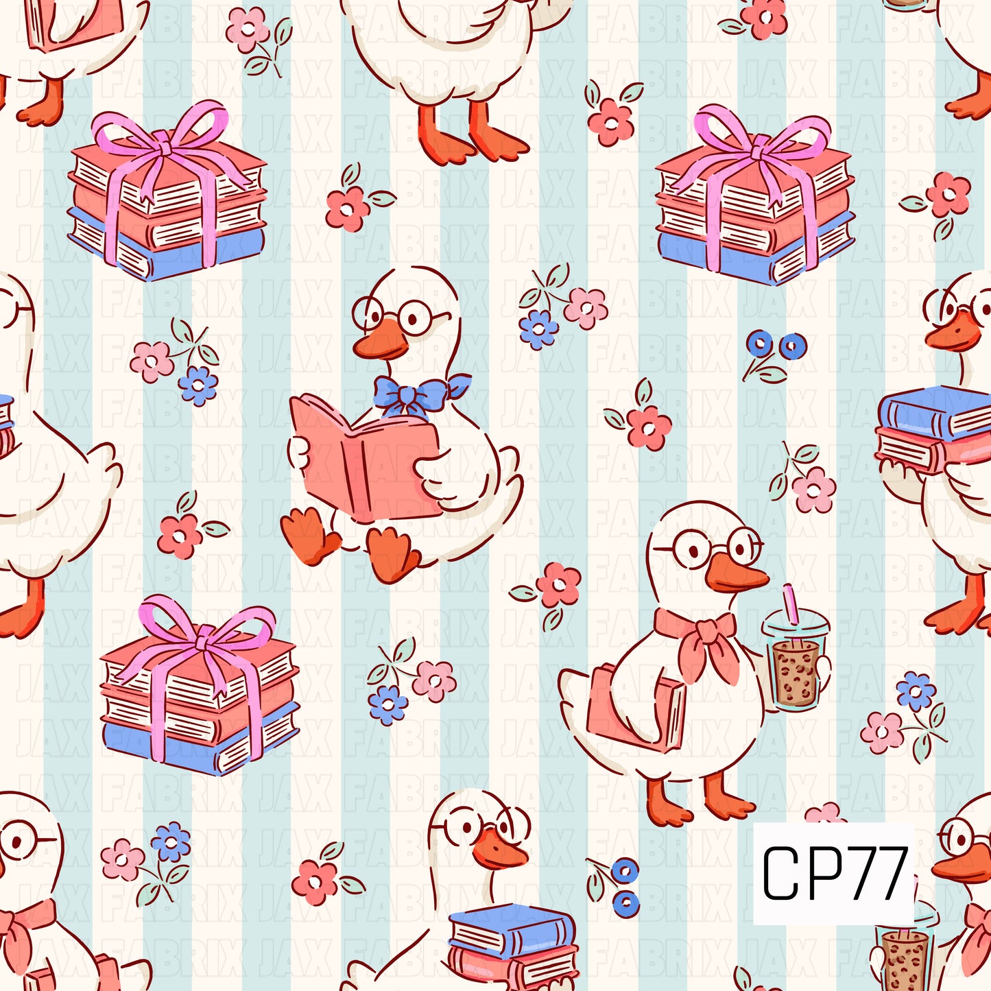 A charming pattern featuring geese dressed with bows, scarves, and glasses while reading books, carrying book stacks, and holding iced coffee. Set on a light blue gingham background with tiny flowers and berries, this playful design has a cozy, back-to-school feel.