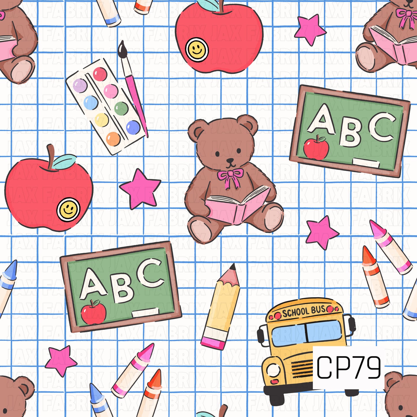 A playful back-to-school pattern featuring teddy bears reading books, smiling apples, chalkboards, school buses, crayons, pencils, paint supplies, and colorful stars. Set on a blue grid background, the design combines classic classroom icons with a sweet, kid-friendly style.