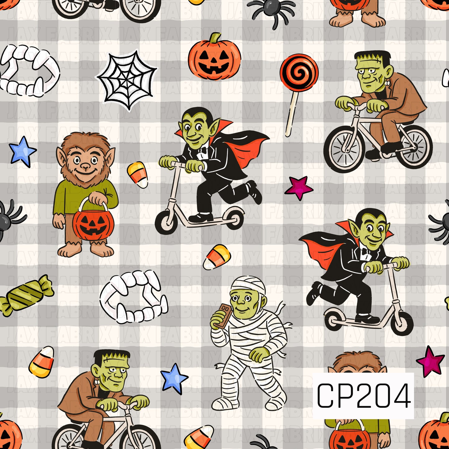 A whimsical Halloween pattern featuring retro-style vampires, mummies, Frankenstein's monster, and werewolves enjoying trick-or-treat fun on scooters and bicycles. Scattered throughout are jack-o'-lanterns, candy corn, wrapped candy, vampire fangs, spiderwebs, spiders, and colorful stars over a soft gray gingham background, creating a playful vintage Halloween aesthetic.