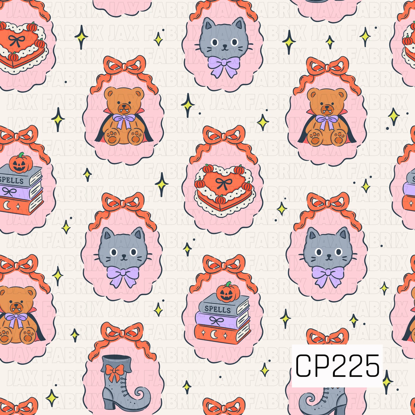 A vintage-inspired Halloween seamless pattern featuring framed teddy bears, black cats, spell books, witch boots, and festive heart-shaped cakes adorned with bows, accented by twinkling stars on a crisp white background.