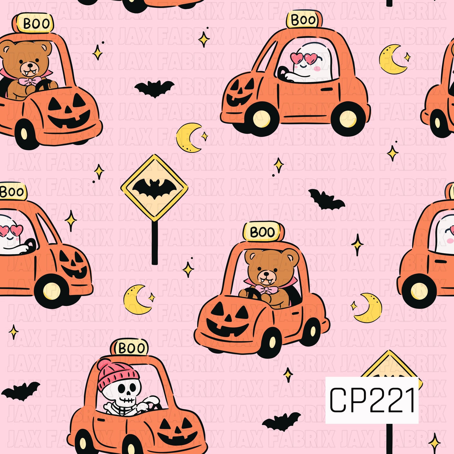 A cute Halloween seamless pattern featuring teddy bears, ghosts, and skeletons riding pumpkin-shaped cars with "BOO" signs, accented by bats, crescent moons, sparkling stars, and spooky road signs on a soft pink background.