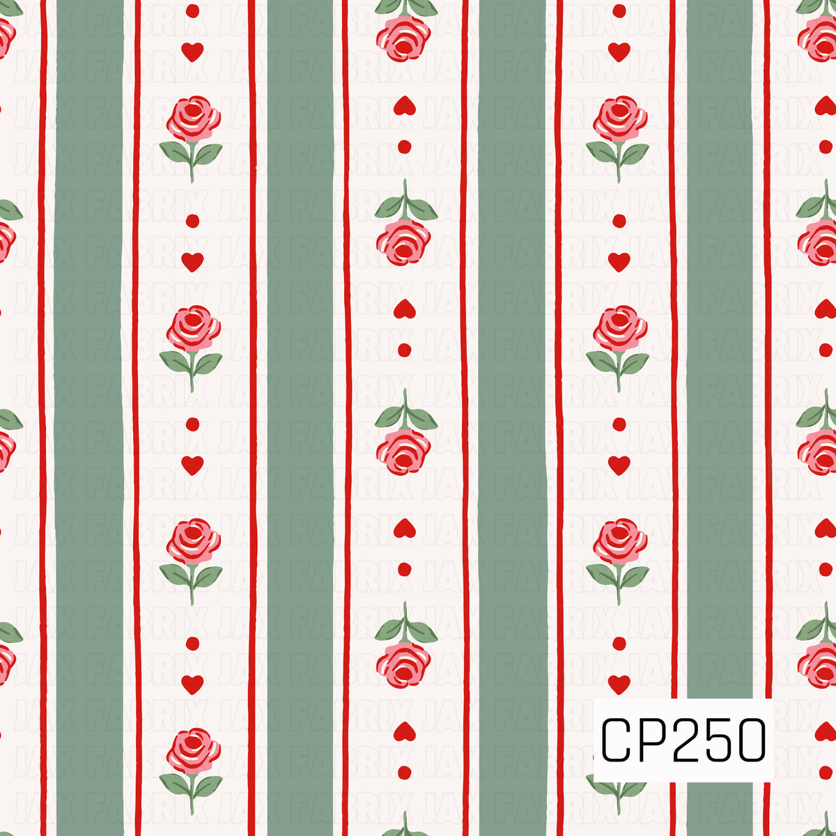 A vintage-inspired stripe design featuring soft sage green and cream vertical stripes accented with delicate red roses, tiny hearts, and dots. Thin red lines add a charming pop of color for a sweet, classic look.