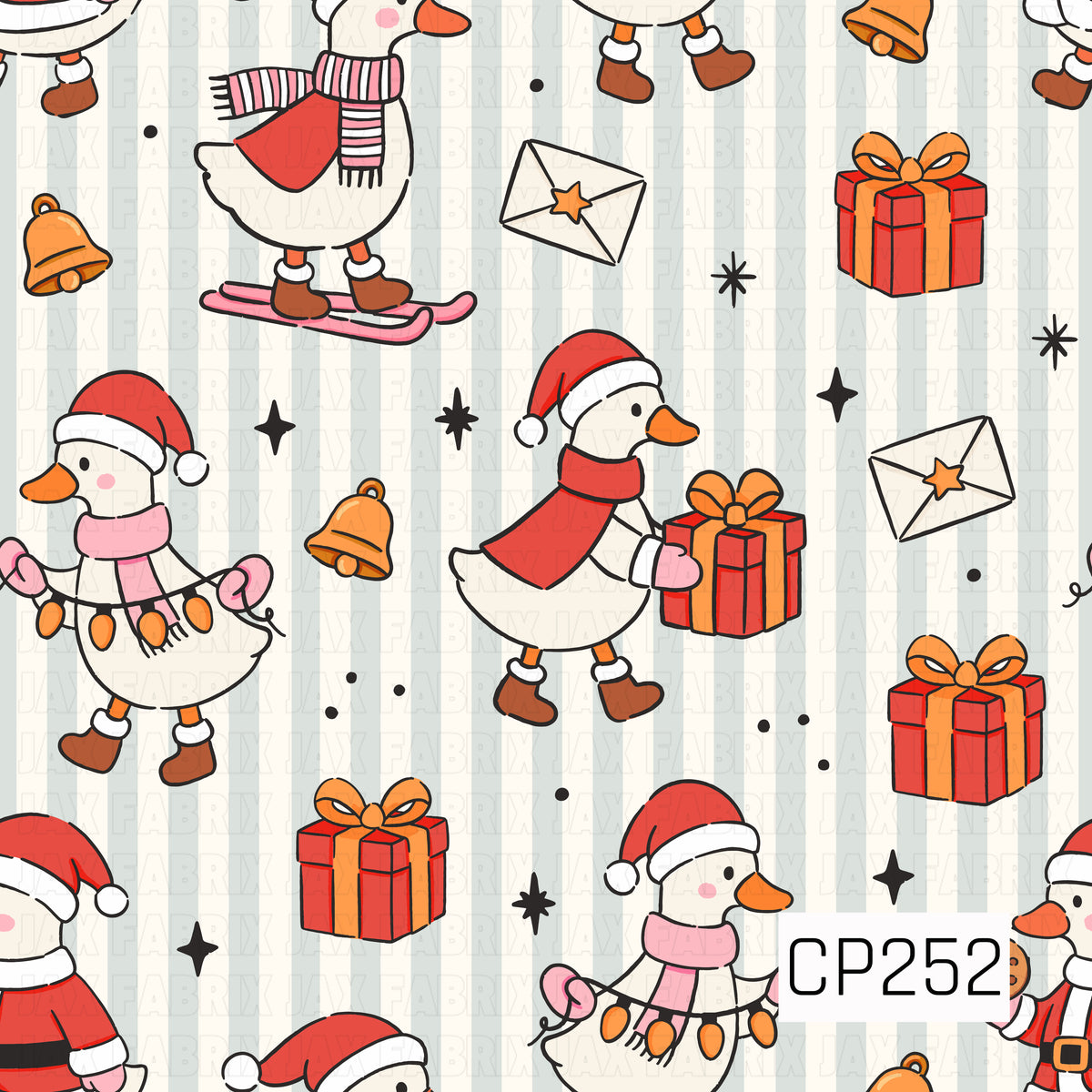 A playful Christmas goose design featuring festive geese in Santa hats, cozy scarves, mittens, and holiday outfits. Wrapped presents, golden bells, envelopes, cookies, and whimsical star accents are scattered throughout on a soft sage green and cream striped background.