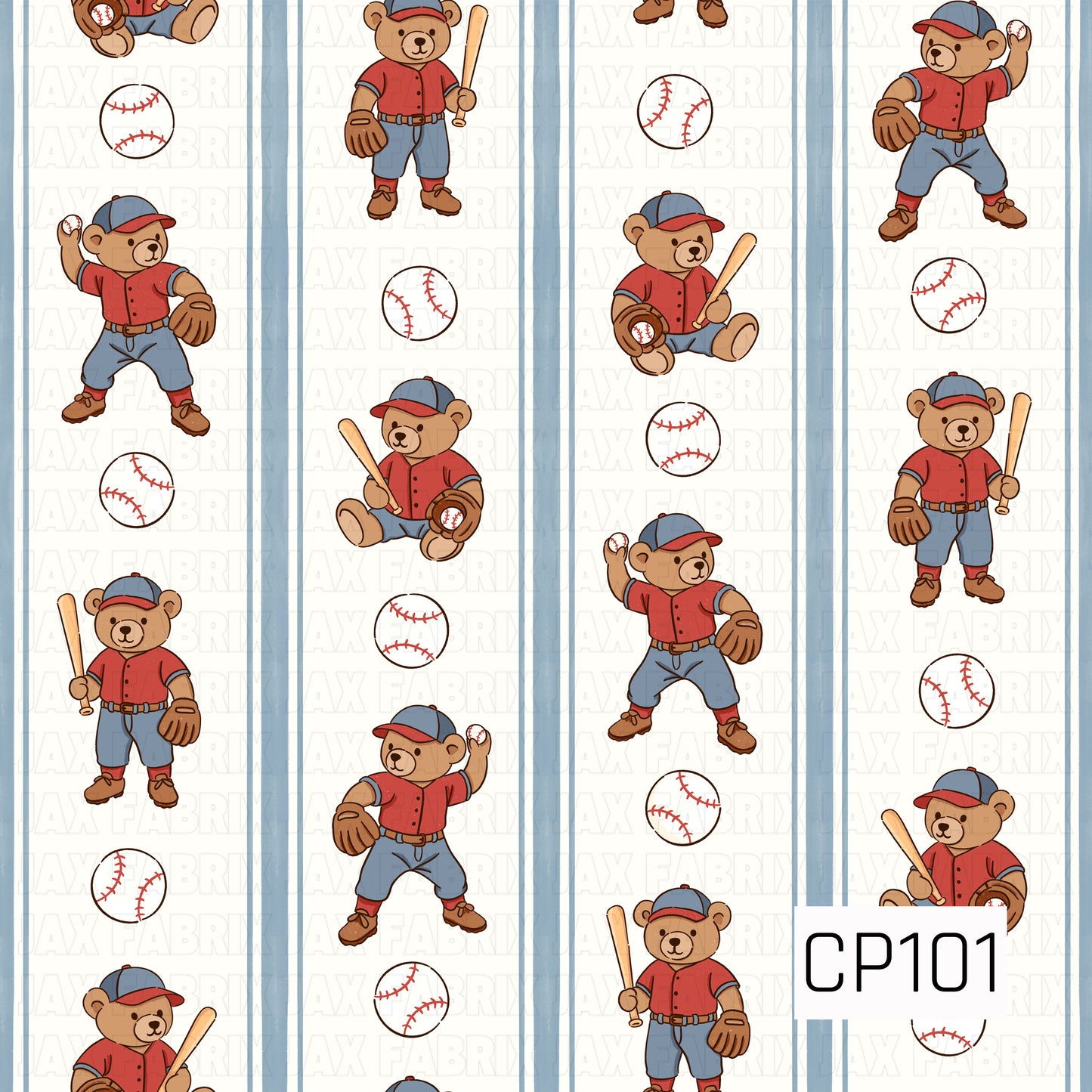 A seamless pattern featuring adorable teddy bears dressed in classic baseball uniforms, shown pitching, batting, and holding baseball gear. Scattered baseballs and soft blue vertical stripes on a white background create a timeless, vintage-inspired baseball design.
