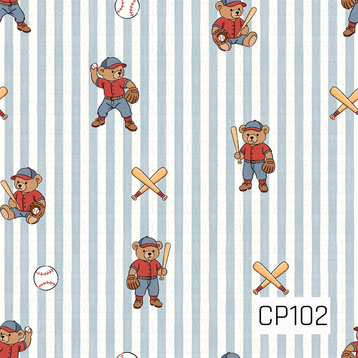 A seamless pattern featuring adorable teddy bears dressed in classic baseball uniforms, shown batting, pitching, and holding baseball gear. The design is accented with baseballs, crossed bats, and soft blue pinstripes on a white background for a timeless, vintage-inspired baseball look.