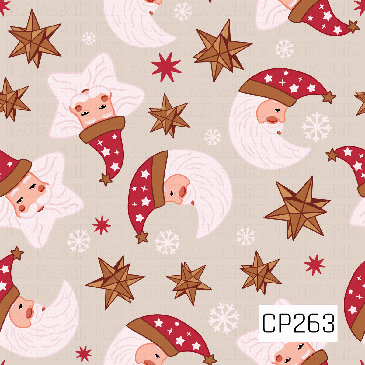 A whimsical celestial Christmas pattern featuring Santa faces nestled into crescent moons and glowing stars. Warm golden stars, delicate snowflakes, and scattered red starbursts fill the soft beige background, while Santa’s deep red star-covered hat adds a festive pop of color. The dreamy celestial elements give this design a magical, vintage-inspired holiday feel.