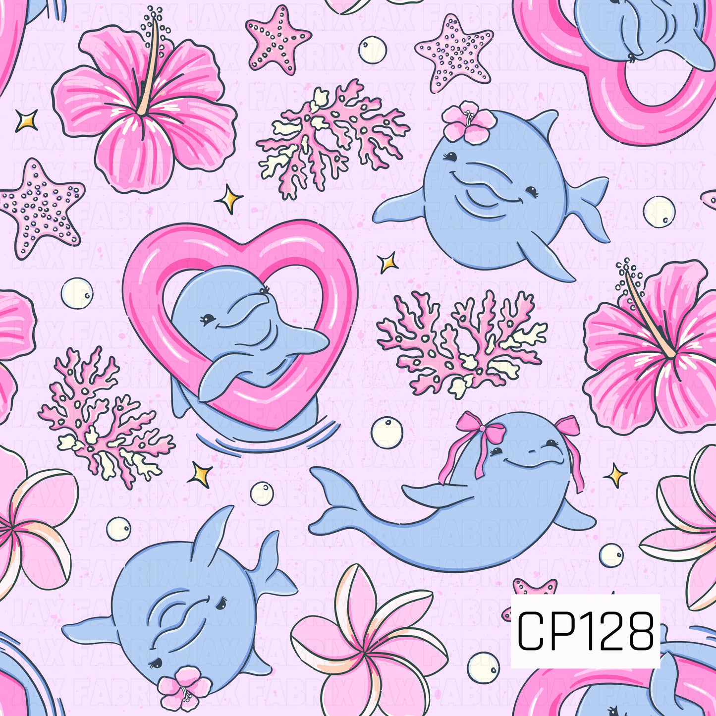 A seamless pattern featuring cute blue dolphins, pink hibiscus flowers, coral, plumeria blooms, starfish, and heart-shaped swim floats on a soft pink background. Perfect for tropical and beach-themed projects.