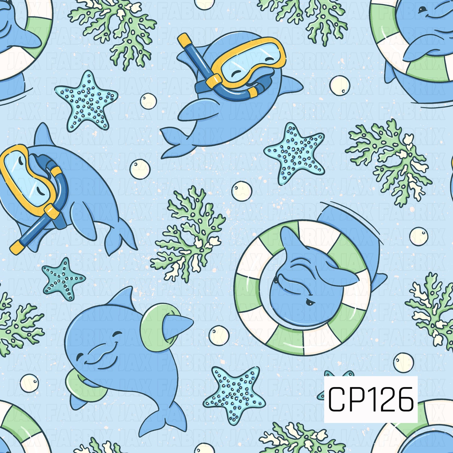 This seamless pattern features playful blue dolphins swimming, snorkeling, and floating in green-and-white swim rings on a soft sky blue background. Starfish, sea coral, and scattered bubbles complete the cheerful underwater scene, creating a fun coastal design in shades of blue, mint green, and white.