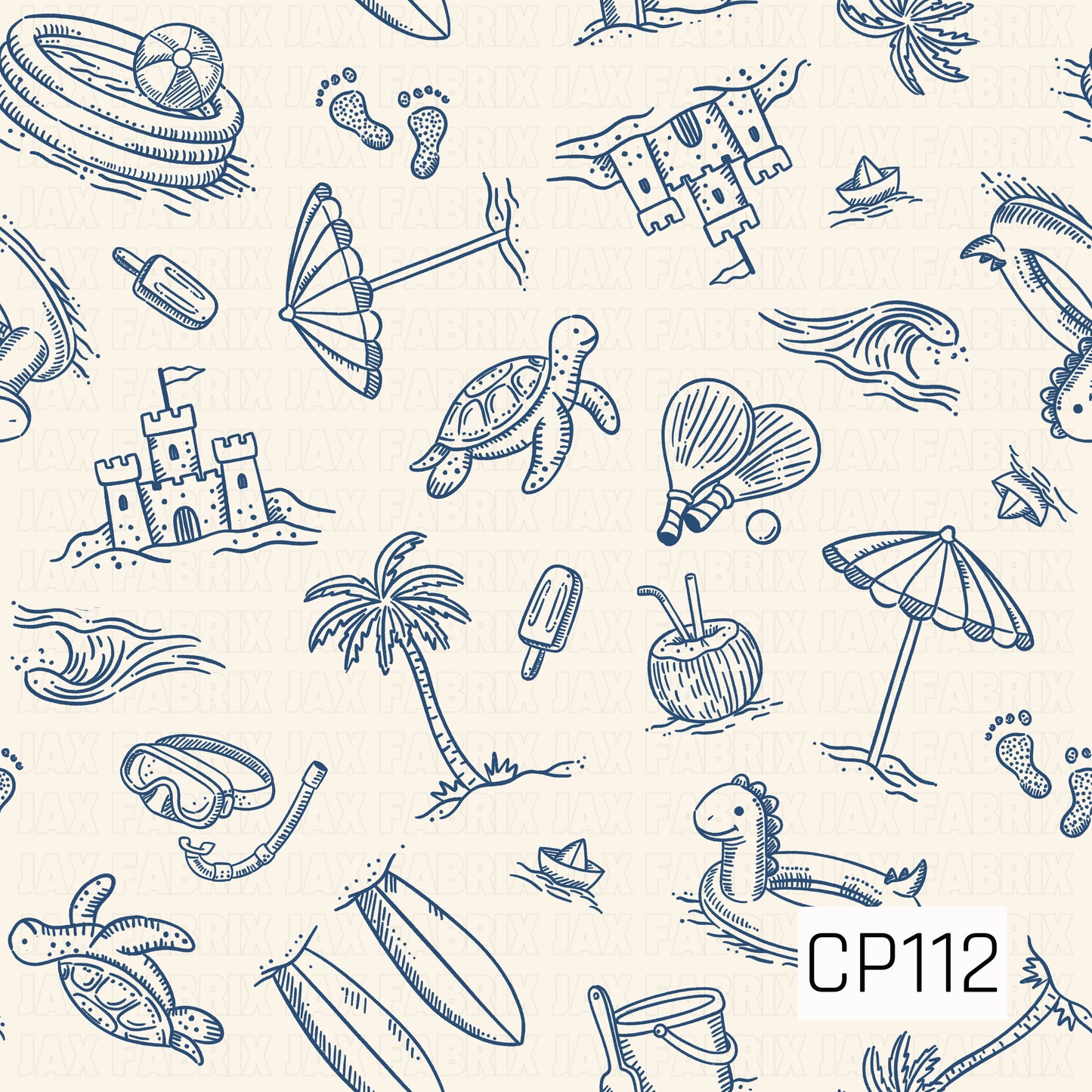 A beach-themed pattern featuring detailed navy blue line art illustrations on a warm cream background. The design includes sandcastles, sea turtles, palm trees, beach umbrellas, surfboards, waves, seashells, coconuts, popsicles, snorkel gear, inflatable toys, beach paddles, sailboats, and playful seaside accents, creating a clean, coastal-inspired sketch style.